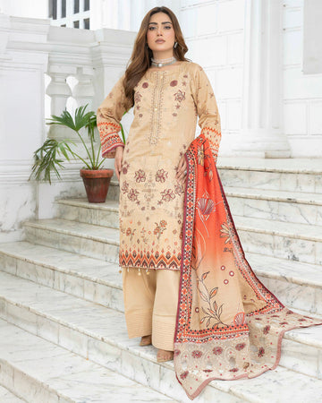 Aashiyana - Digitally Printed Emb Bana Dora Lawn - 3 PC - Vol 521 - D-07