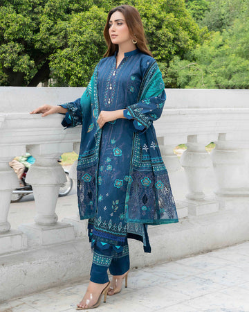 Aashiyana - Digitally Printed Emb Bana Dora Lawn - 3 PC - Vol 521 - D-08