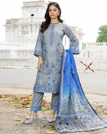 Aashiyana - Digitally Printed Emb Bana Dora Lawn - 3 PC - Vol 521 - D-01