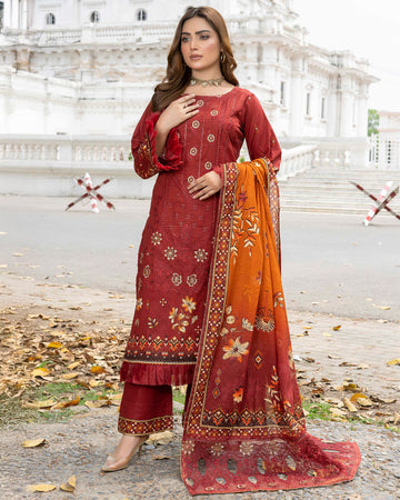 Aashiyana - Digitally Printed Emb Bana Dora Lawn - 3 PC - Vol 521 - D-02