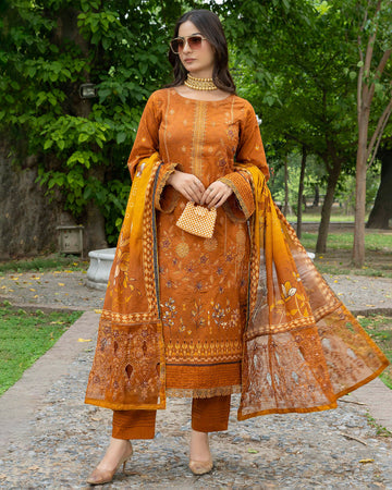 Aashiyana - Digitally Printed Emb Bana Dora Lawn - 3 PC - Vol 521 - D-05